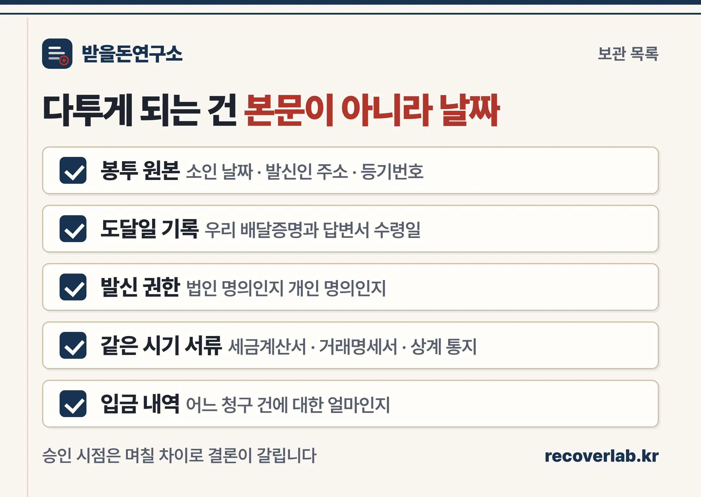 답변서 봉투·도달일·발신 권한·같은 시기 서류·입금 내역을 보관하는 체크리스트를 정리한 장부 스타일 이미지