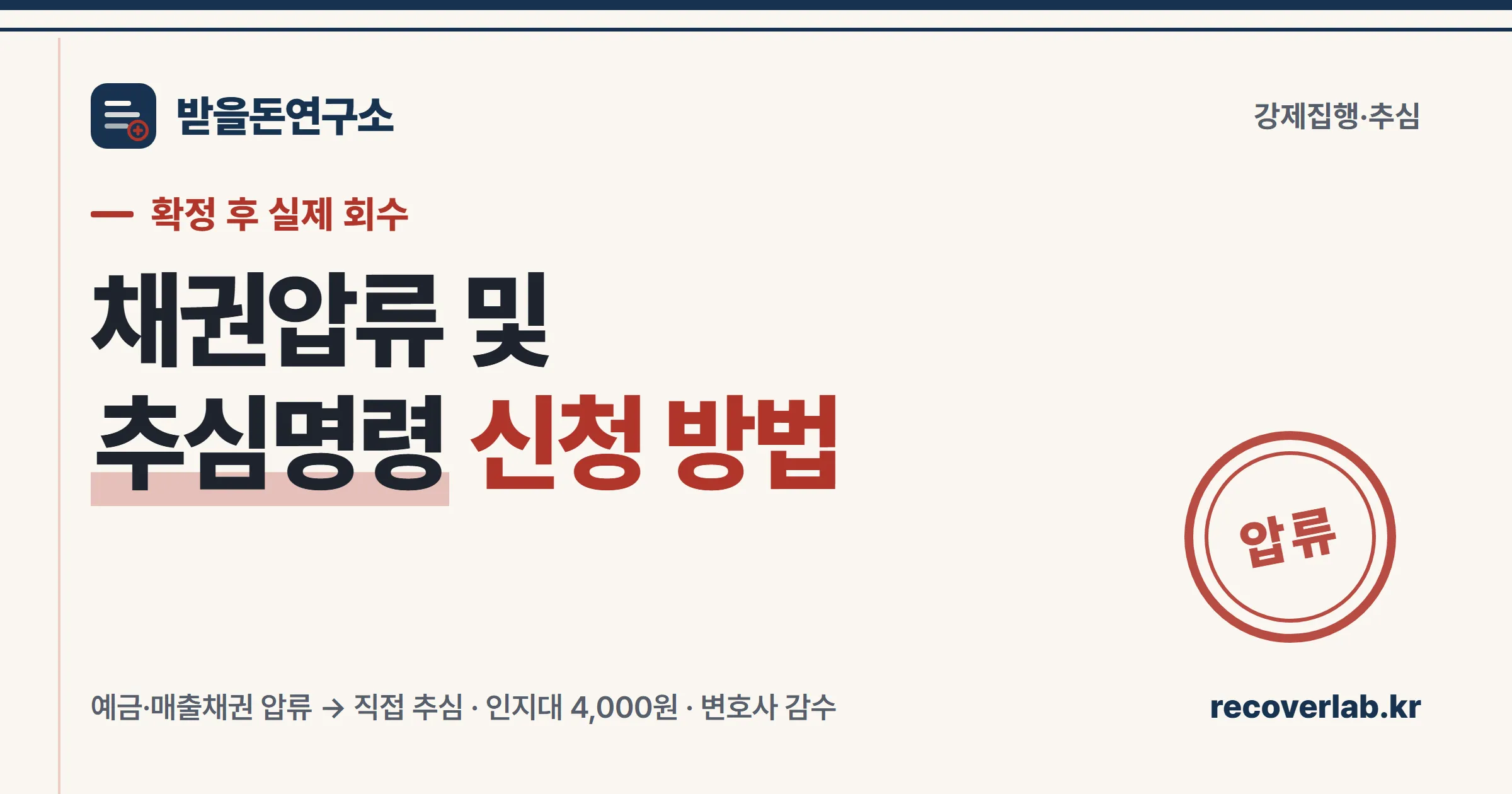 「압류」 직인이 찍힌 채권압류 및 추심명령 신청 서류 — 예금·매출채권을 압류해 직접 받아내는 강제집행 절차를 상징하는 일러스트