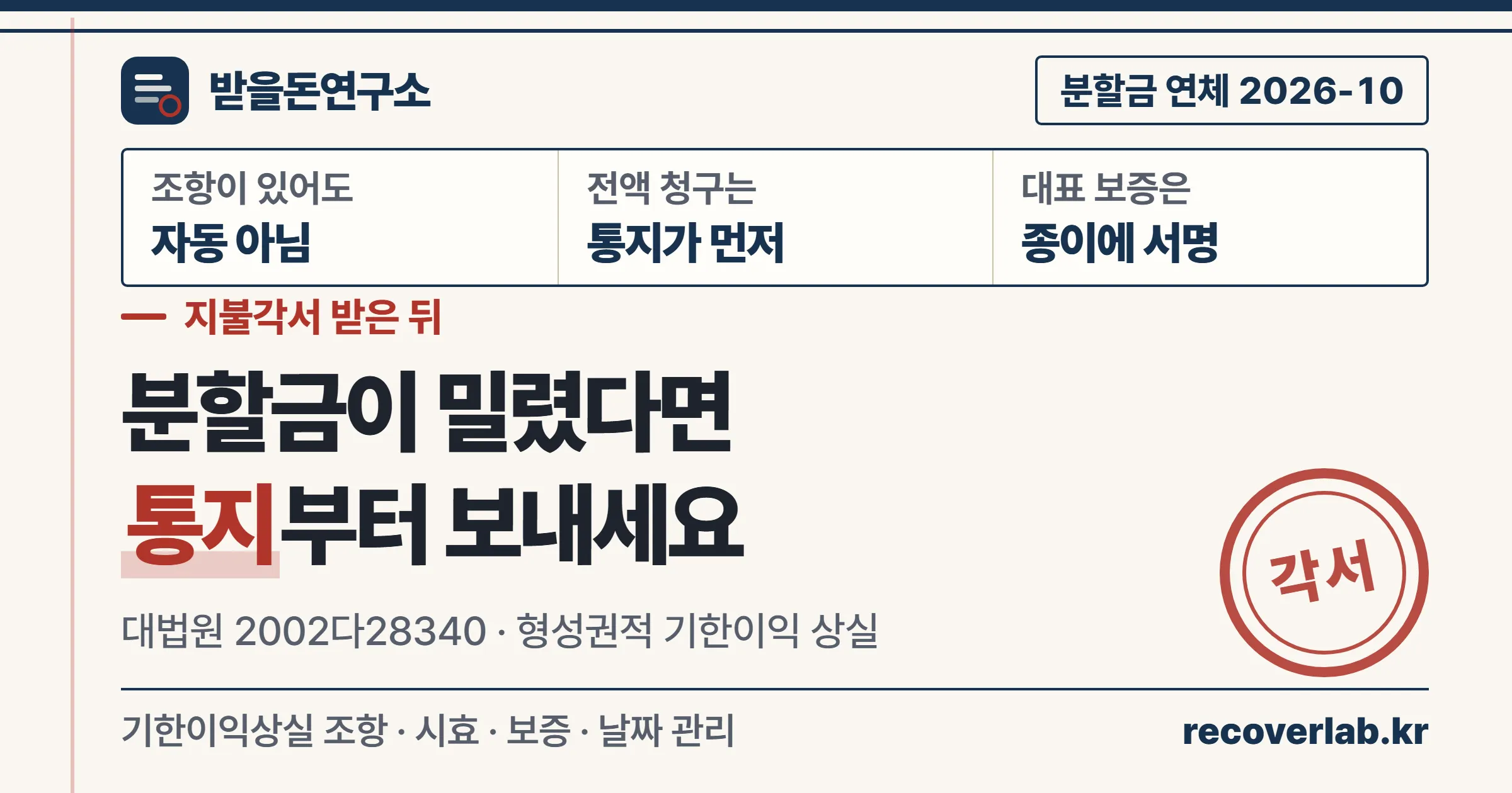 지불각서를 받은 뒤 분할금이 밀렸을 때 잔액 전부를 청구하려면 통지가 먼저라는 내용을 적은 받을돈연구소 표지