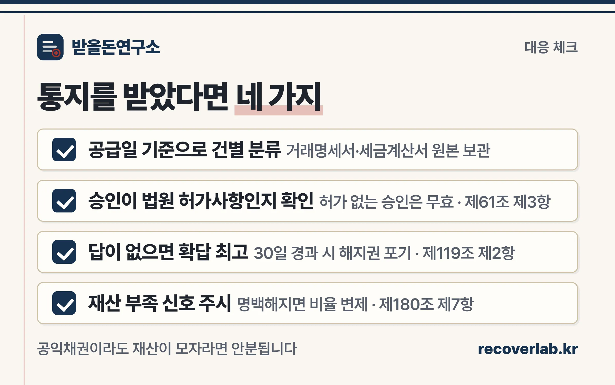 공익채권 대응 체크 네 가지 — 건별 분류, 법원 허가 여부 확인, 30일 최고, 재산 부족 신호 확인