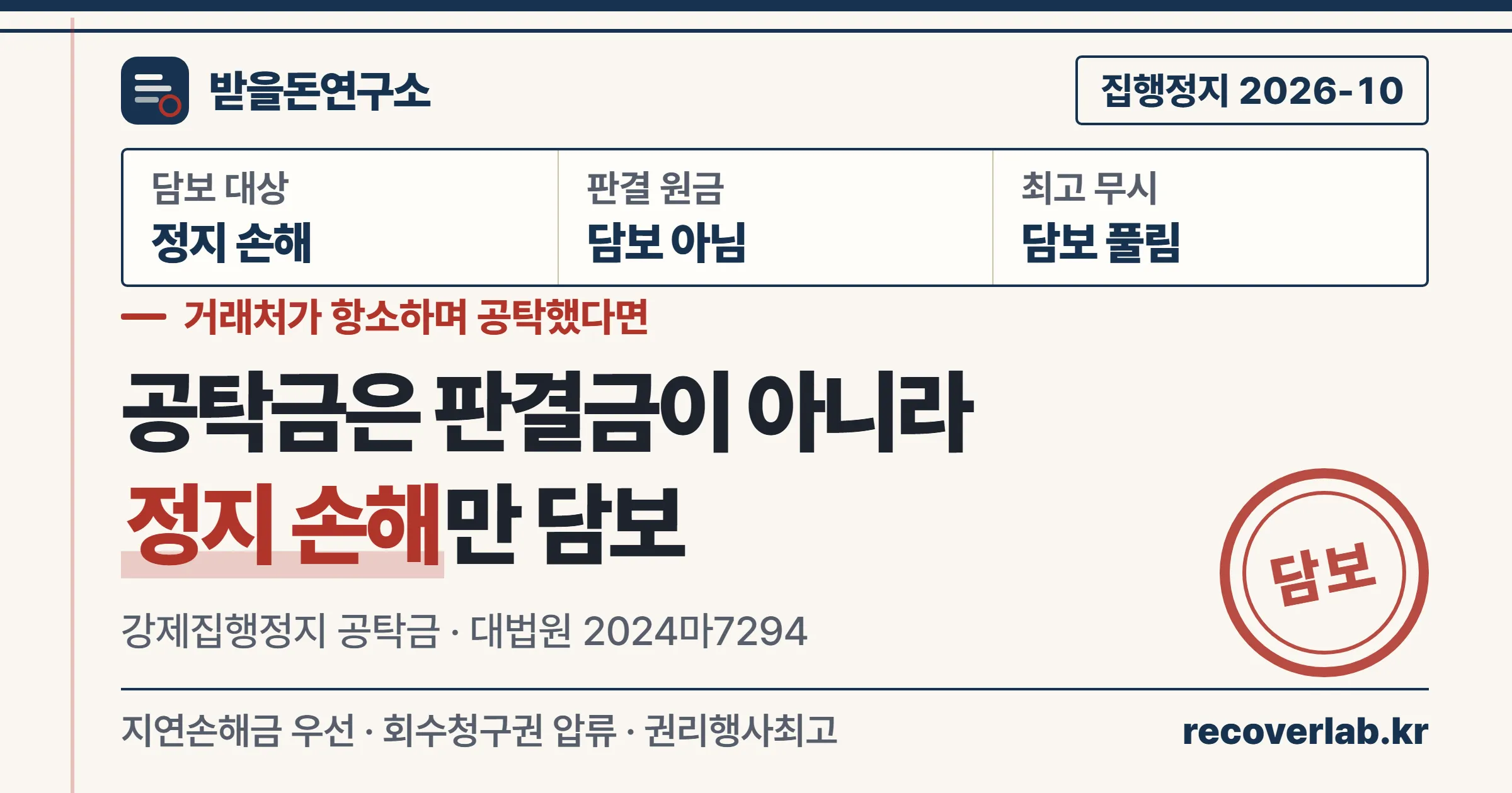 강제집행정지 공탁금 — 판결금이 아니라 정지 기간 손해를 담보한다